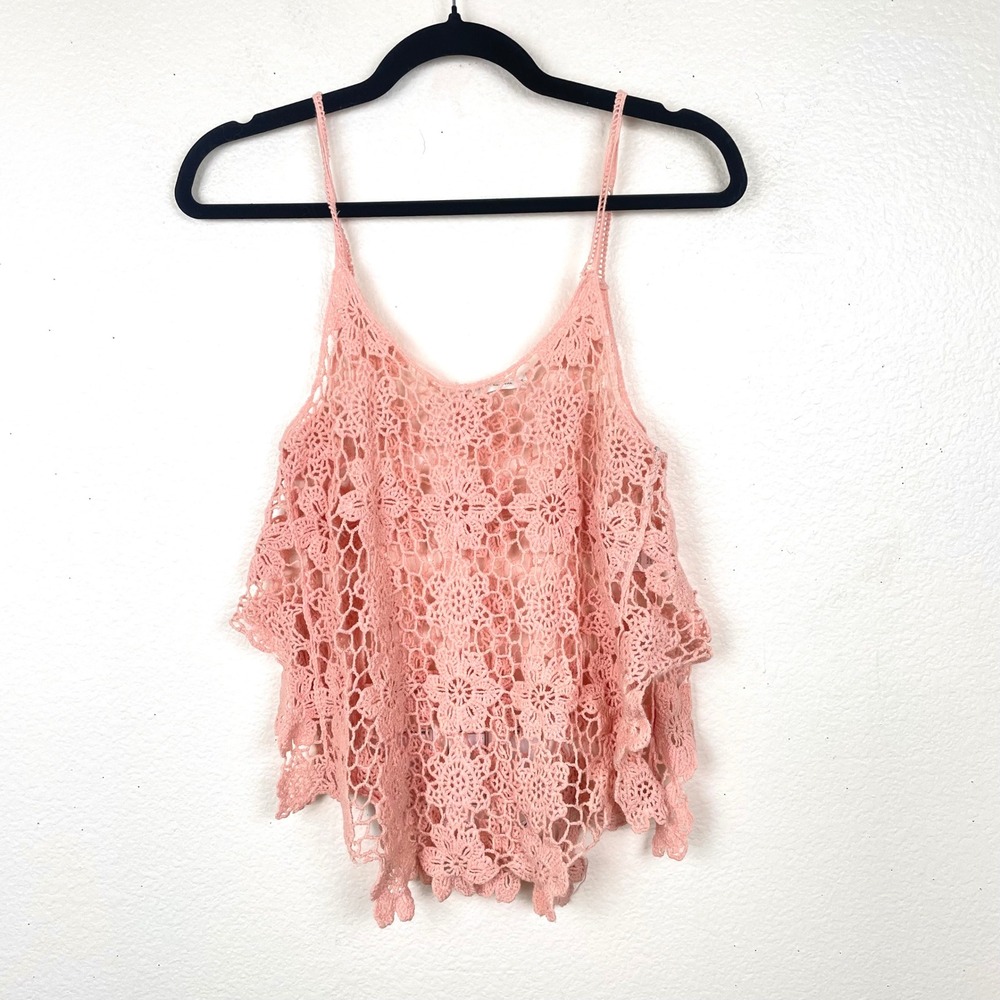 Womens Tank Top Sz S Crochet Fairy Cottage Coquette Festival Boho Open Knit Pink